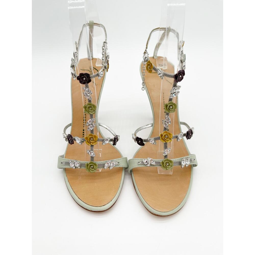 Giuseppe Zanotti Vintage Mint Green Crystal Floral T Strap Heeled Sandals US 7.5 - Picture 6 of 13